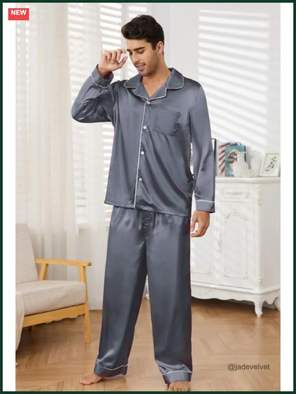 Mens Silk Pajamas Set Long Sleeve Satin Button Down Sleepwear Two-Piece